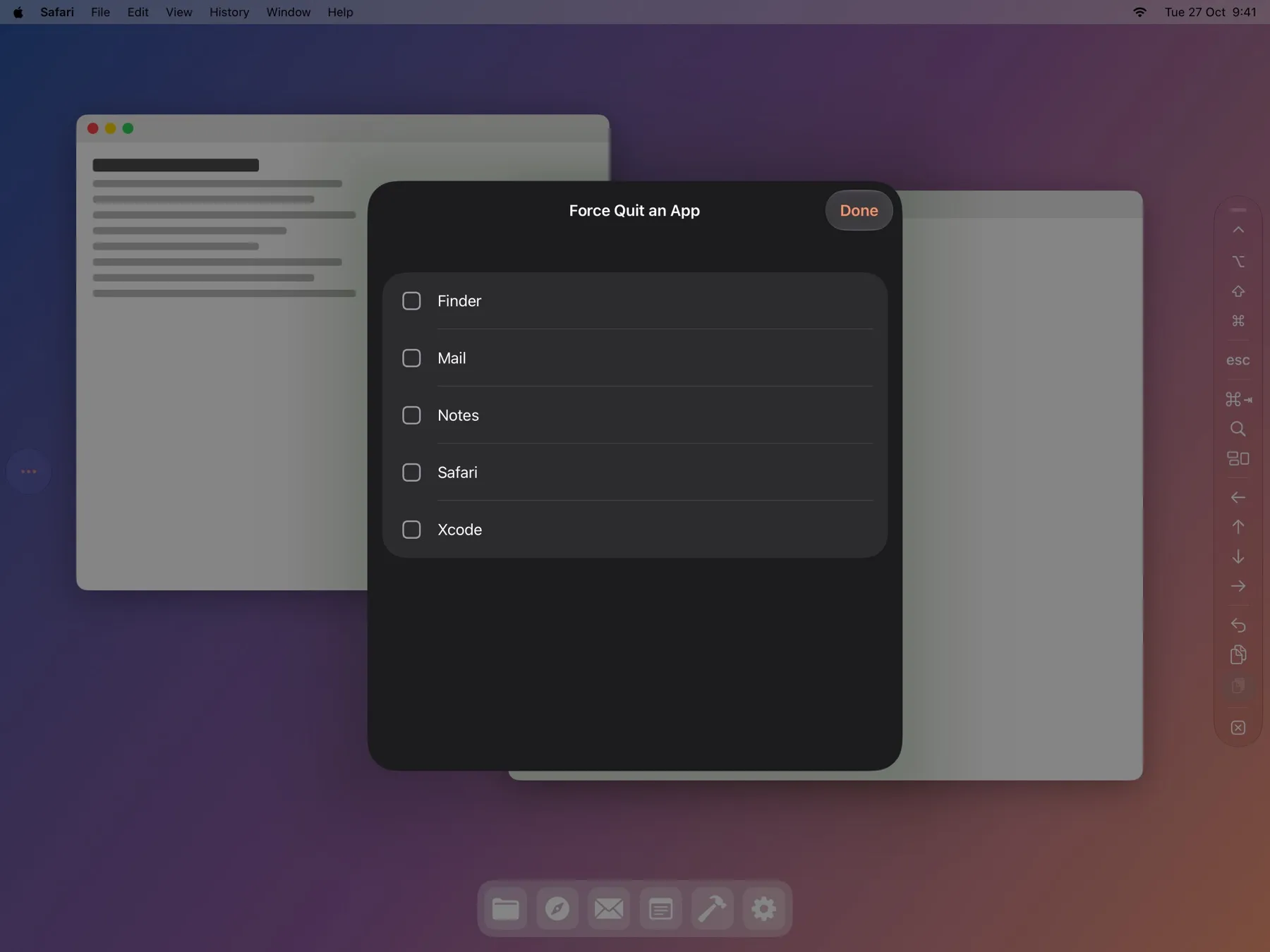 La barre de raccourcis de Qispi et sa liste Force Quit sur un iPad