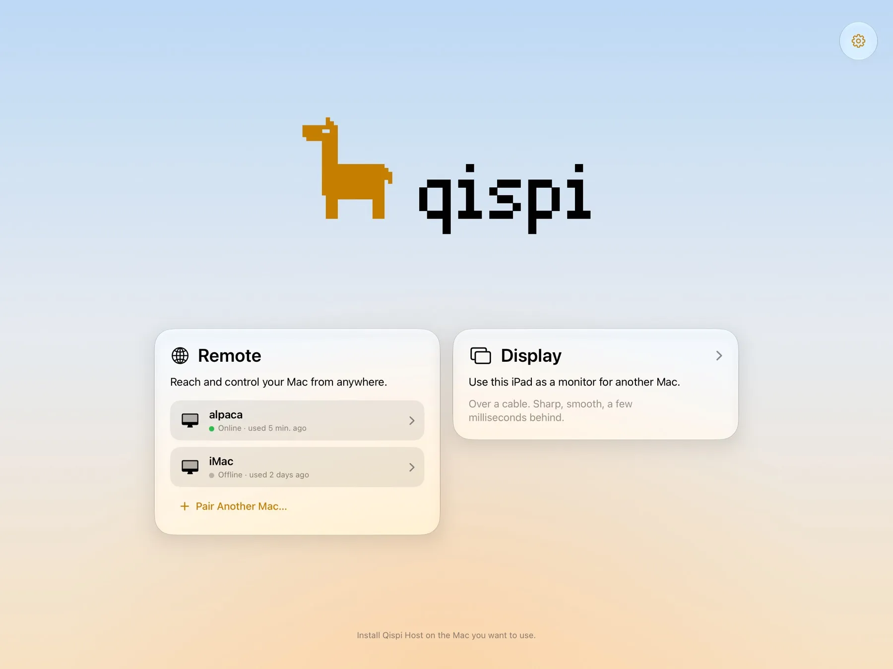 La page d’accueil de Qispi sur un iPad : Remote avec deux Mac, et Display
